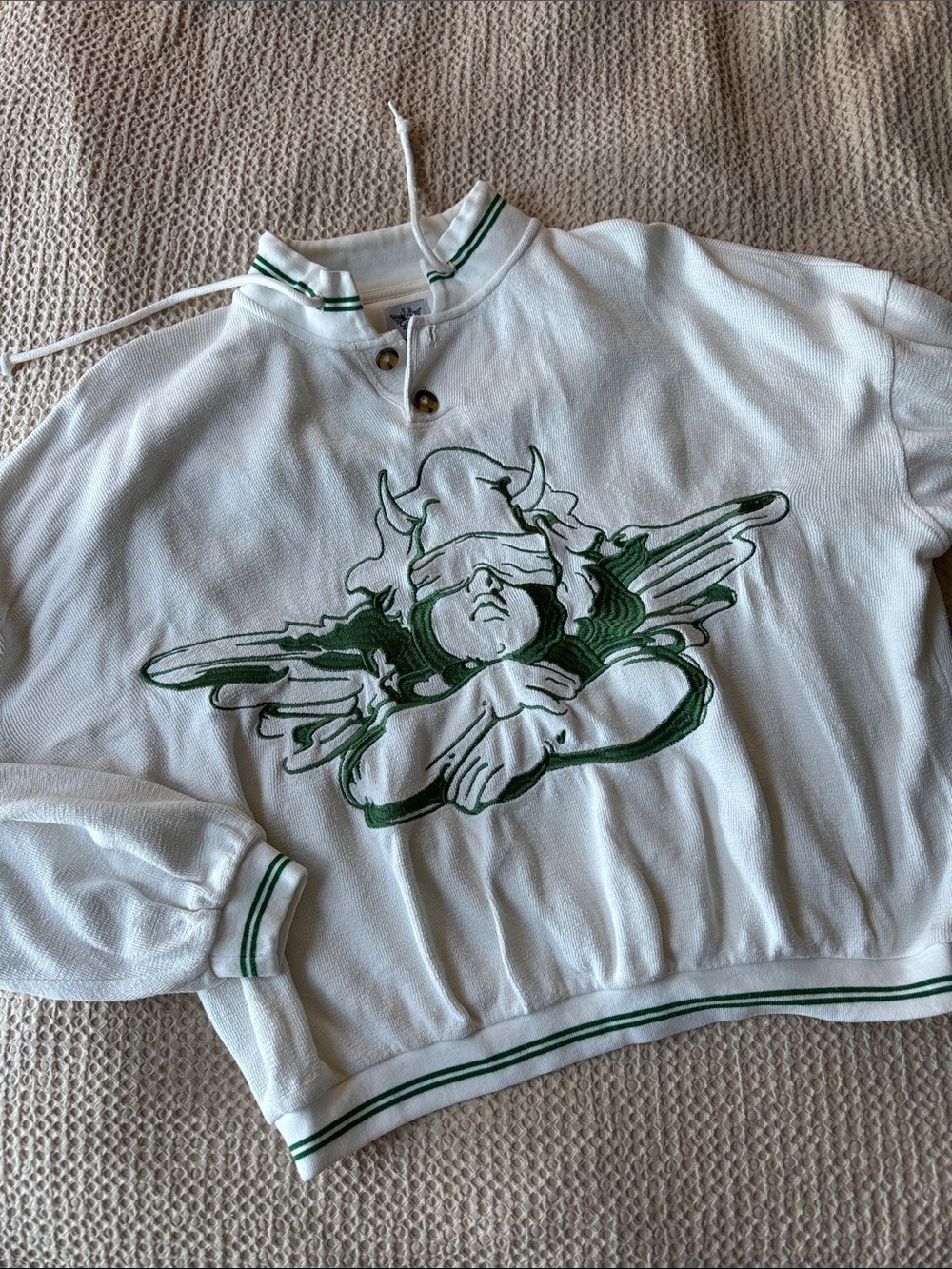 Boys Lie Cherub White Pullover with Green Graphic Trim